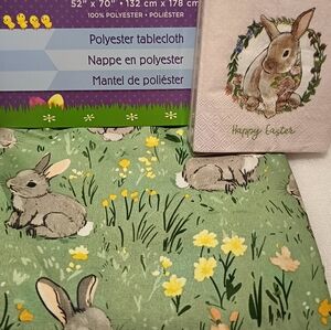 🐰Easter Spring Bunny Green Tablecloth & 18 Paper Napkins